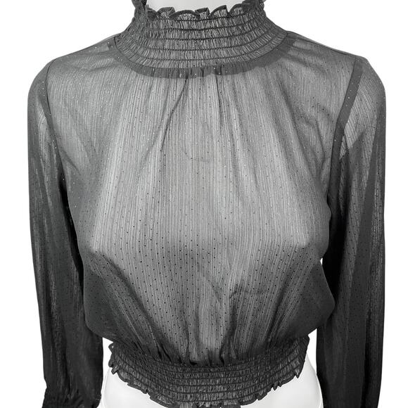 Style State Black Semi Sheer Turtleneck Smocked Long Sleeve Blouse Top Size 6 - Picture 3 of 5